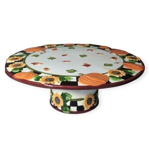 Vintage Footed Ceramic Cake Stand Round Harvest Tray Platter 11” D x 4” H